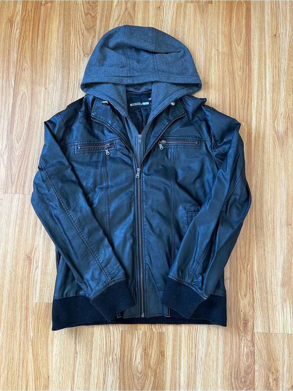 Black Faux Leather Zip-Up Jacket with Hood